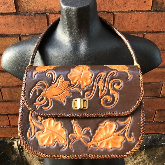 Vintage 70’s hand tooled floral leaf brown tan bag - Picture 1 of 5
